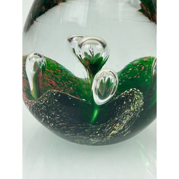 Art Glass Egg Shaped Paperweight Green Orange Controlled Bubble Office Decor - Picture 5 of 9